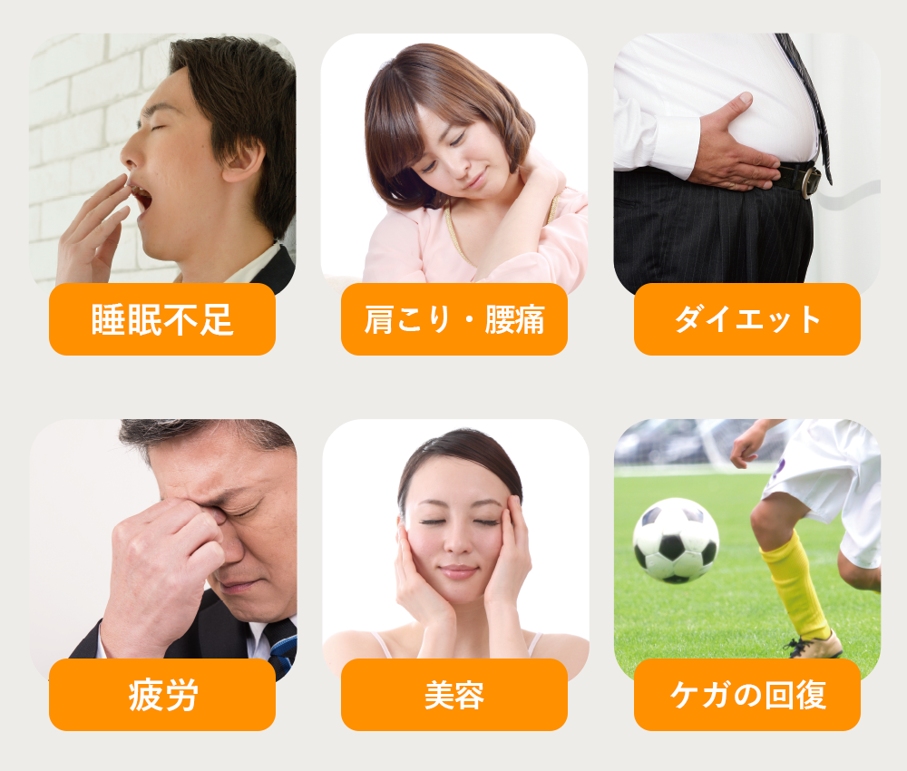 睡眠不足、肩こり・腰痛、ダイエット、疲労、美容、ケガの回復